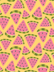 Seamless pattern of watermelon slices on a blue background, vibrant and perfect for summer themes, textiles, and fresh food concepts.