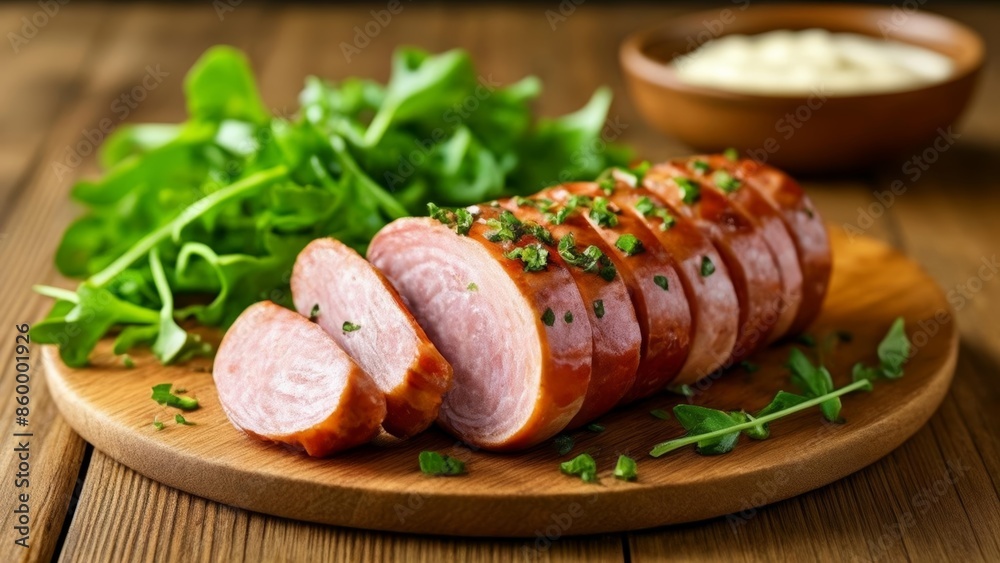 Wall mural  Deliciously prepared sausage with fresh greens and sauce ready to be savored