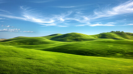 Obraz premium Tranquil Green Hills Under Clear Blue Sky with Scattered Clouds and Gentle Breeze