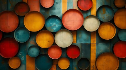 a geometric pattern with circles and squares, pastel colors