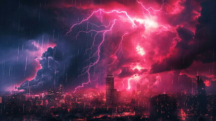 Fototapeta premium Red sky storm on city 