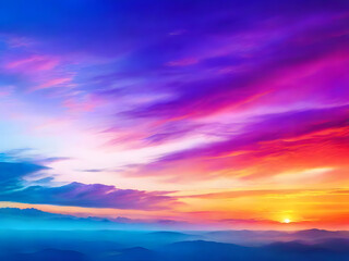 Fototapeta premium Fantasy vibrant panoramic sunset sky - Gradient rich colors - ethereal dreamy summer sunset or sunrise sky. Uplifting and peaceful sky. - blue, orange, yellow vibrant rich colors