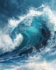 Obraz premium Dynamic and powerful ocean wave crashing with frothy splashes, showcasing the beauty and intensity of the sea.