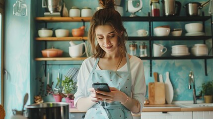 Modern Kitchen Gadgets Demo on Smartphone: Interactive and Vibrant Presentation by Cheerful Woman