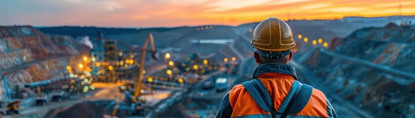 Obraz premium Engineer overseeing a large mining operation at sunset, wearing safety gear and helmet, industrial landscape with lights in the distance.