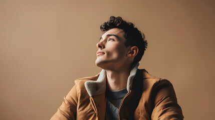 Obraz premium trendy man in stylish autumn outfit looking away while sitting on beige : Generative AI