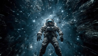 Fototapeta premium Futuristic men explore galaxy with armed robot army