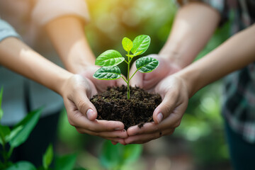 Hands holding small tree planting with sunlight, Save world save life and Plant a tree concept.