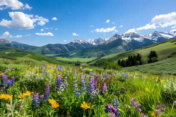 Serene Mountain Landscape with Rolling Hills, Lush Meadows, and Snow-Capped Peaks under Clear Blue Sky