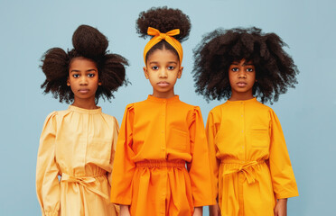 Stylish afro girls on blue background. Kids fashion concept.