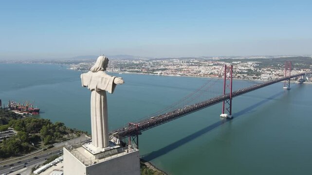 Ponte 25 de Avril Bridge, Christ the King statue, Alameda, Tagus River, Lisbon, Portugal