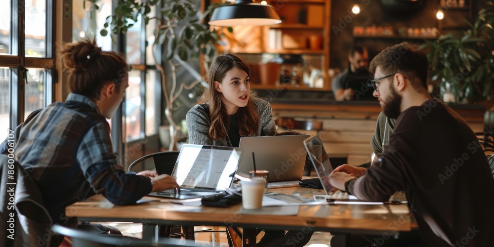 Poster a team of three young entrepreneurs discussing strategy around a table with laptops and coffee cups,