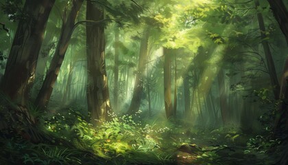 Obraz premium Sunlight filtering through a dense forest, creating a magical play of light and shadow on the forest floor.