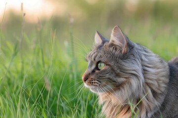 Serene tabby cat in lush green grass at sunset