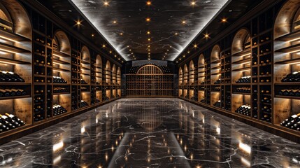 Fototapeta premium Luxurious Wine Cellar with Marble Floor and Shelves of Wine Bottles