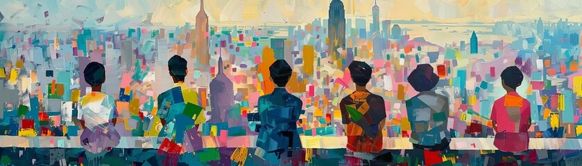 Fototapeta premium Colorful abstract painting of five people overlooking a vibrant cityscape. Artistic representation of urban life and community.