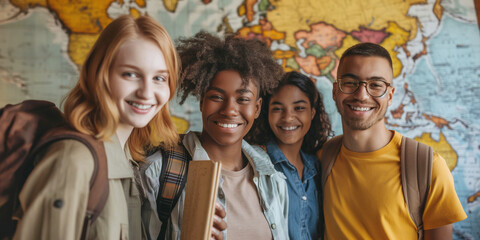 Multicultural group of teen friends, Cheerful international friends teenagers happy memories concept.
