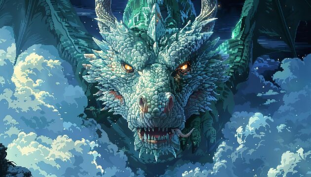 Epic fantasy Green dragon soaring above the clouds with glowing eyes, showcasing intricate scales and mythical wings in stunning detail.