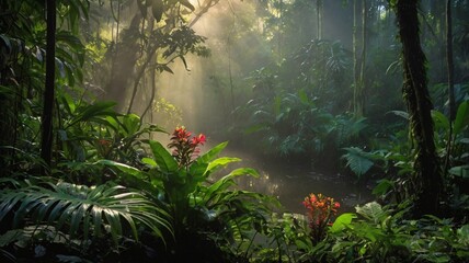 Obraz premium Sunlight filters through lush green foliage, casting long shadows on a winding path through a dense tropical forest