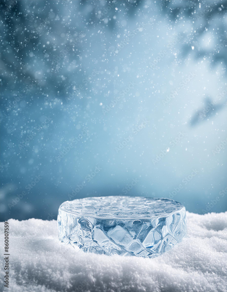 Poster ice podium for product display on winter background