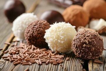 Gourmet chocolate truffles with assorted coatings on wooden surface