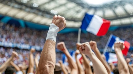 French crowd in a bustling stadium, waving flags and cheering, the electric atmosphere of a major sporting event, capturing the raw emotion and excitement