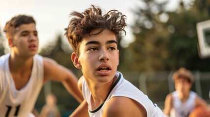 Intense youth basketball game at outdoor court