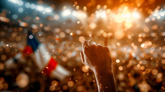 French fans in a packed stadium, waving French flags, faces painted in national colors, cheering loudly during a major sporting event, capturing the energy and excitement of the crowd