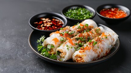 Goi cuon presented on a plate, isolated on a dark background, no blur, copy space on the right, stock photo photography style, highly detailed, intricate textures