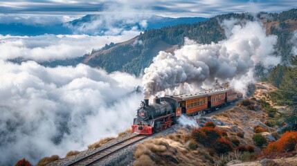 Vintage Steam Train on Mountain Railway with Lush Landscape and Clouds