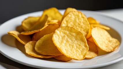  Crispy golden potato chips on a white plate