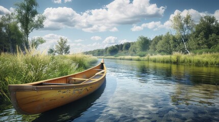 Fototapeta premium Serene River with Canoe under Blue Sky on a Sunny Day