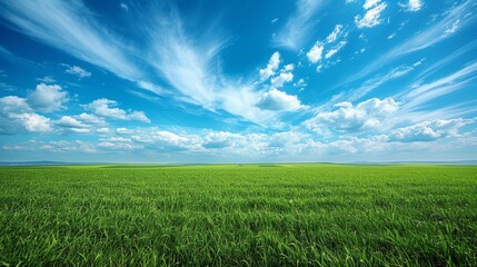 Obraz premium Vast Green Field Under Clear Blue Sky with Fluffy Clouds