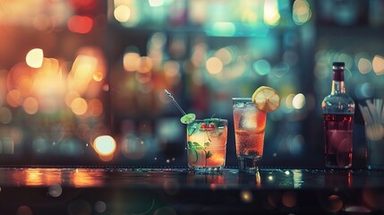 Close up Glasses with Different delicious refreshing cocktails on night bar blurred background with blurred lights. copy space banner. night life. alcohol
