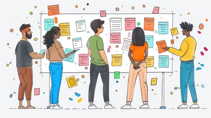 A group of diverse people brainstorming ideas and posting sticky notes on a wall. AIG535