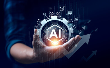 Hand Holding AI Symbol Surrounded by Digital Interface and Circuit Elements, Representing Artificial Intelligence and Technological Advancement in a Futuristic, High Tech, and Data Driven Environment