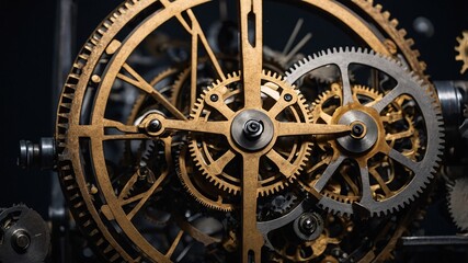 Vintage macro of a rusty, intricate clockwork mechanism, with gears and cogs interlocked in a dance of time