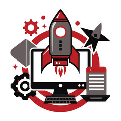 Naklejka premium A stylized icon showing a red rocket launching from the screen of a desktop computer with cogs, stars, and a red target circle around it