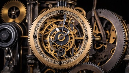 Vintage macro of a rusty, intricate clockwork mechanism, with gears and cogs interlocked in a dance of time