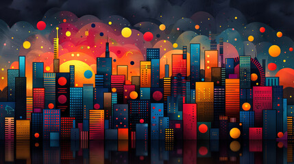 Colorful abstract background with cityscape in flat style.