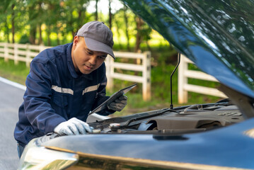 Asian automobile mechanic repairman wearing uniform and protection glove repairing a car engine automotive workshop with tablet, car service and maintenance, Repair service.