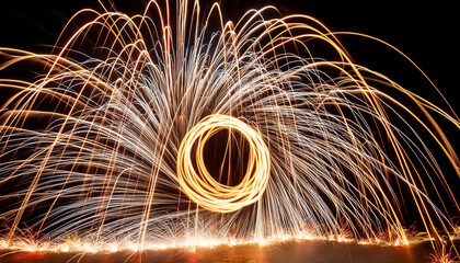花火 光の軌跡 長時間露光 夜景 煌めき 黒背景 お祝い 祝祭 火の粉 ライトショー 輝き 輝く フレア 光線 暗闇 照明 クリエイティブ アート シンメトリー 動き