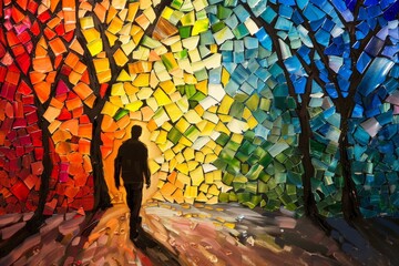Fototapeta premium Vibrant mosaic forest with silhouette of a person walking