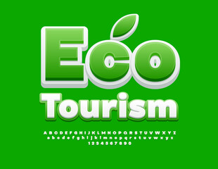 Vector eco logo Eco Tourism. Bright White and Green Font. Creative Alphabet Letters and Numbers set.