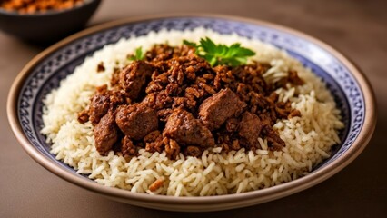  Deliciously seasoned rice and meat dish ready to be savored