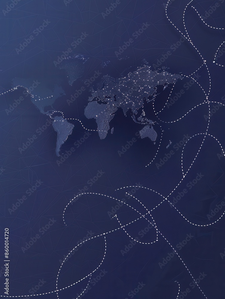Poster a minimalistic illustration of the world map with dotted lines showcasing travel routes. ideal for t