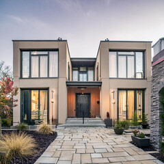 A stunning, modern two-story home with large, floor-to-ceiling windows. The exterior feature 