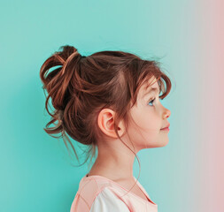 Fototapeta premium Beautiful little girl on pastel colors background. Kids fashion concept.
