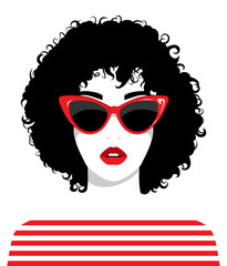 1496_Beautiful woman with black curly hair and cat-eye red sunglasses_B