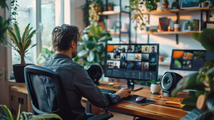 Man working from home in a modern office setup with multiple monitors, surrounded by plants for a productive environment.